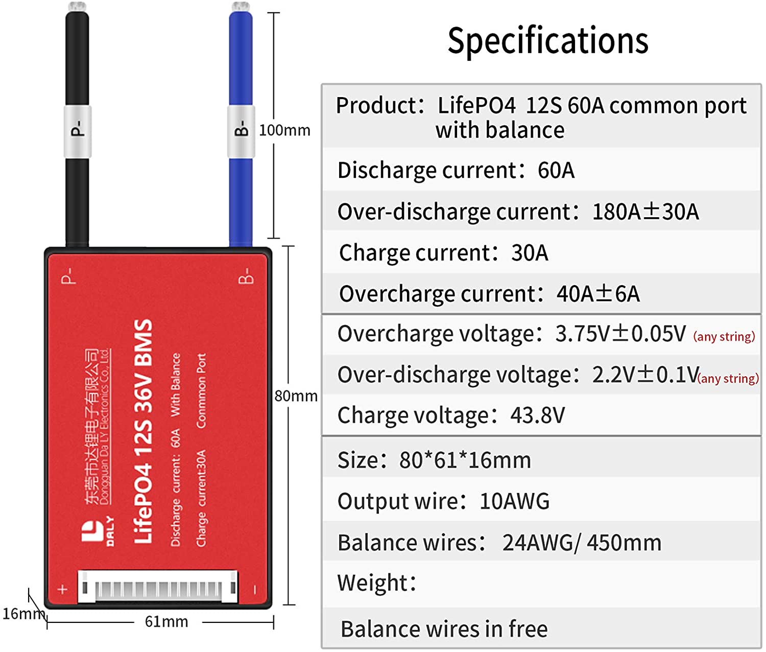 LiFePO4 BMS PCB 12S 36V 60A Daly Balanced Waterproof Battery Management System