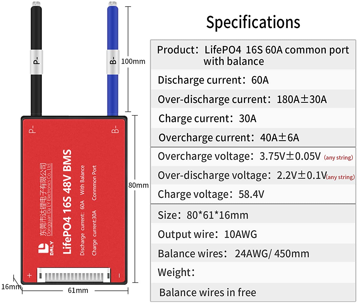 LiFePO4 BMS PCB 16S 48V 60A Daly Balanced Waterproof Battery Management System