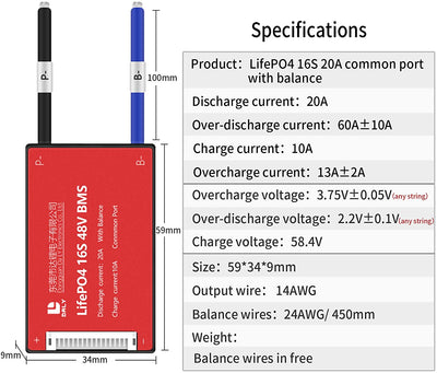 LiFePO4 BMS PCB 16S 48V 20A Daly Balanced Waterproof Battery Management System