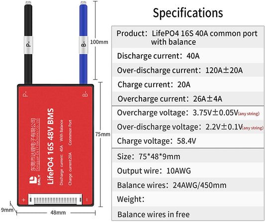 LiFePO4 BMS PCB 16S 48V 40A Daly Balanced Waterproof Battery Management System