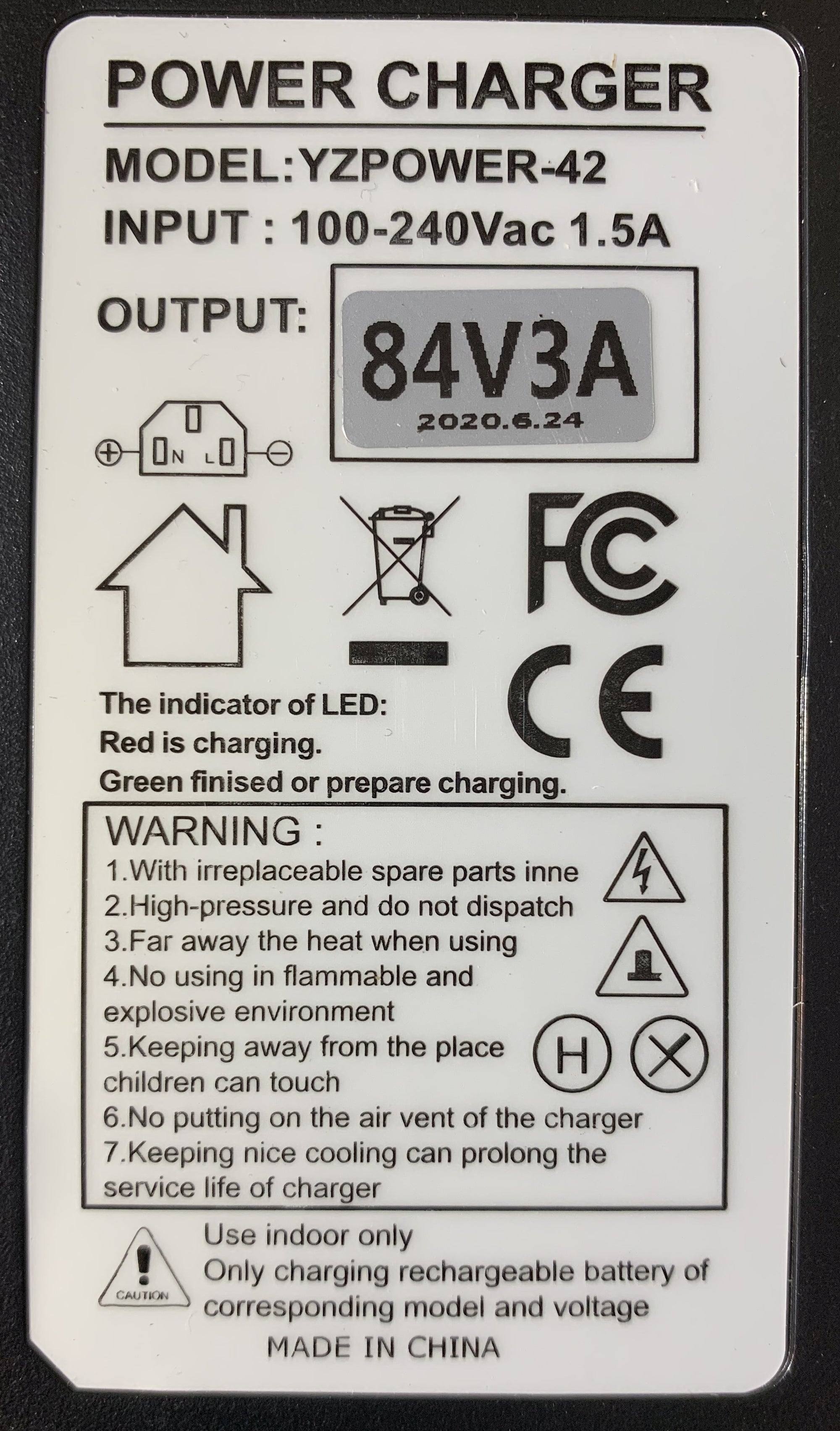 52V (58.8V) 14S Lithium-ion battery charger (3 Amps) UK plug